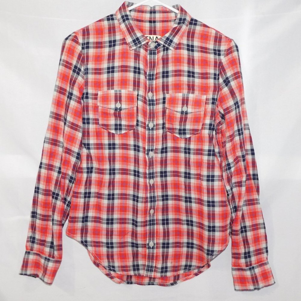 Aritzia TNA Red Blue Plaid Button Front Long Sleeve Shirt Womens XS